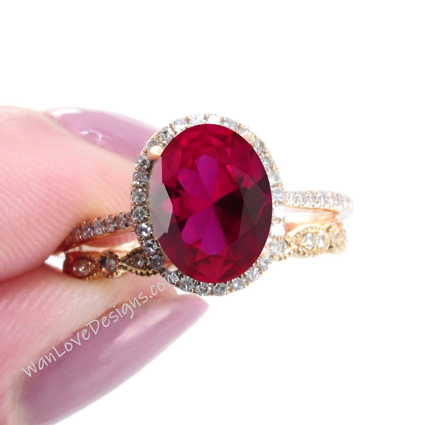 Oval shaped Ruby Diamond engagement ring set rose gold Halo Unique engagement ring women vintage Half eternity leaf Milgrain wedding band Wan Love Designs