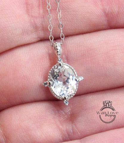 Vintage Oval Moissanite necklace rose gold milgrain diamond milgrain Charm multi stone pendant White gold Oval cut bridal chain necklace