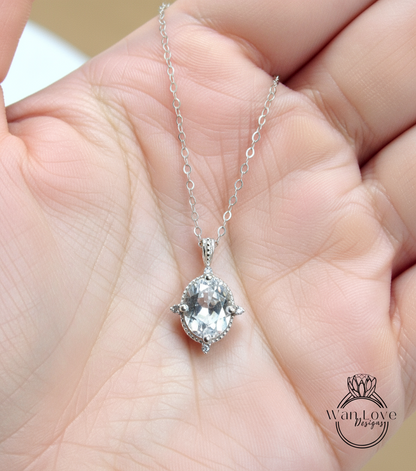 Collana vintage ovale in Moissanite, oro rosa, diamante milgrain, ciondolo multi pietra, collana a catena da sposa in oro bianco con taglio ovale