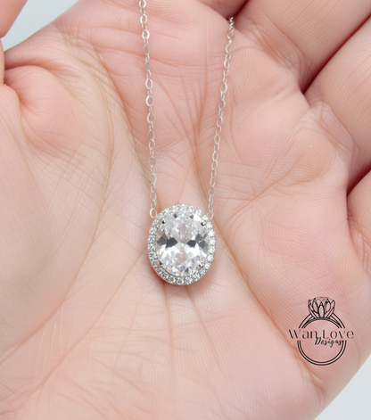 White Sapphire East West necklace 4ct Vertical Oval Halo Pendant Necklace white gold oval halo Charm chain Anniversary wedding gift for her