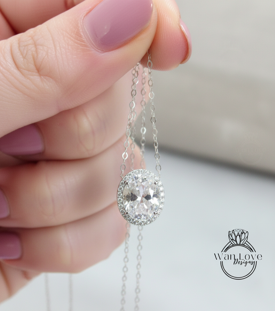 White Sapphire East West necklace 4ct Vertical Oval Halo Pendant Necklace white gold oval halo Charm chain Anniversary wedding gift for her