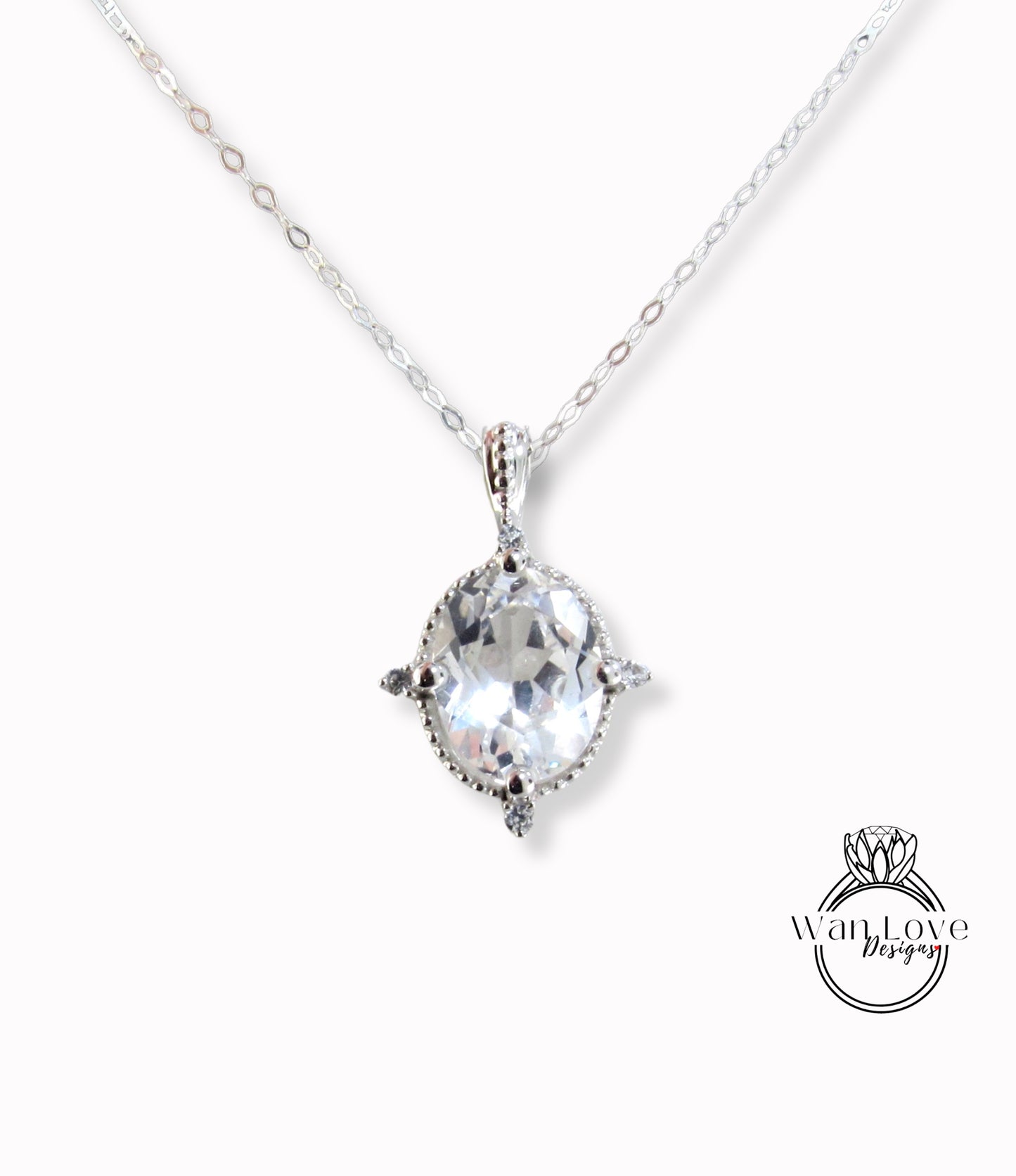 Vintage Oval Moissanite necklace rose gold milgrain diamond milgrain Charm multi stone pendant White gold Oval cut bridal chain necklace