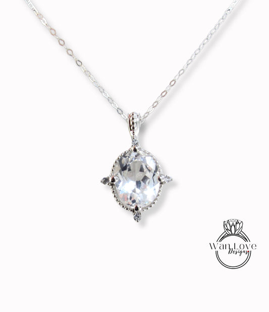 Collana vintage ovale in Moissanite, oro rosa, diamante milgrain, ciondolo multi pietra, collana a catena da sposa in oro bianco con taglio ovale