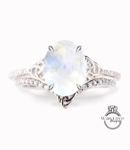 Moonstone & Diamond Celtic Love Knot Oval cut Triquetra Engagement Ring Bridal Curved Nesting Wedding Band Set, Anniversary Gift