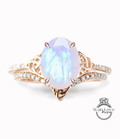 Moonstone & Diamond Celtic Love Knot Oval cut Triquetra Engagement Ring Bridal Curved Nesting Wedding Band Set, Anniversary Gift