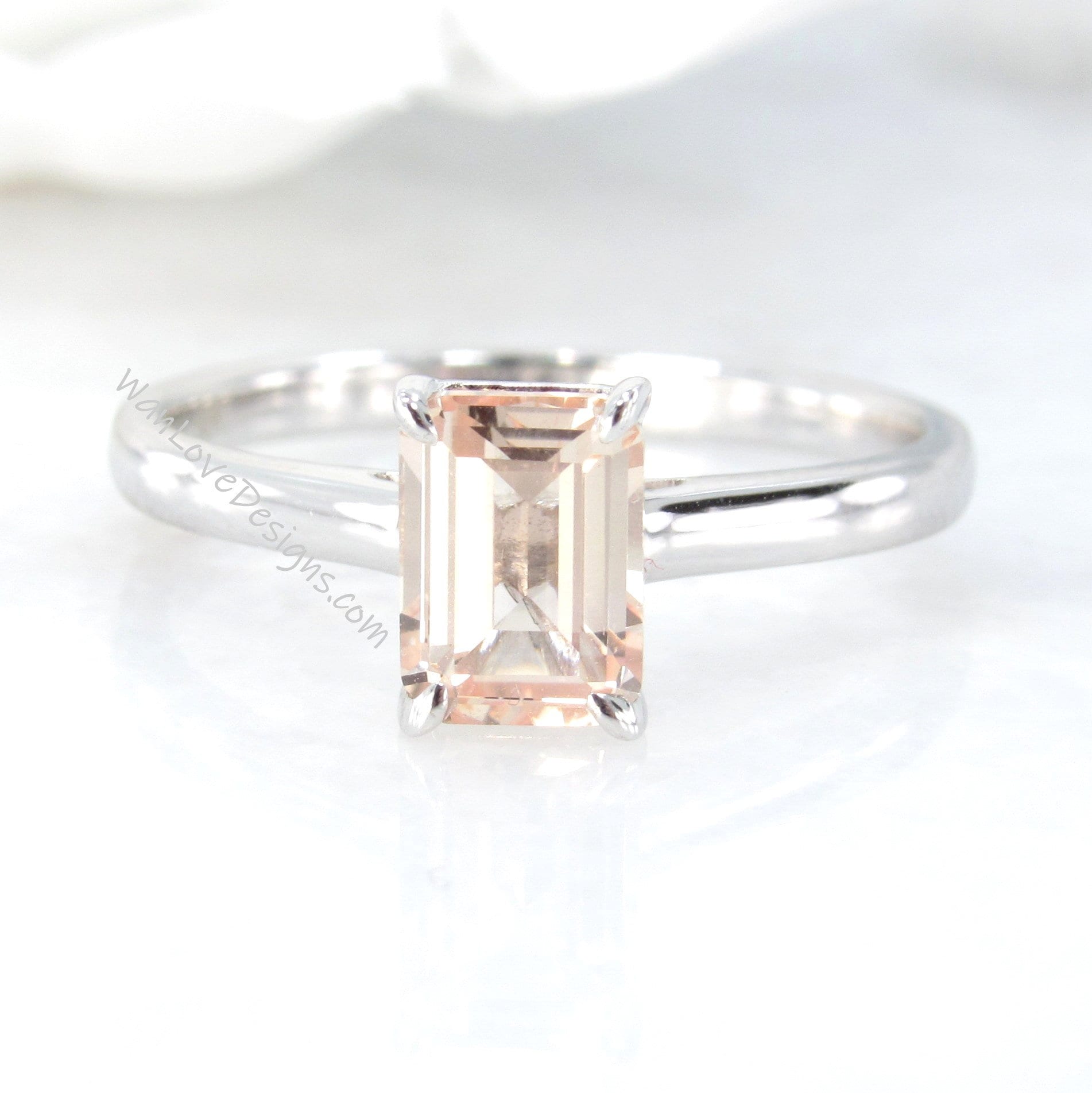 Peach Champagne Sapphire Emerald cut Solitaire Engagement Ring 1ct 7x5mm White Gold Wedding promise ring Anniversary Gift, Ready to Ship Wan Love Designs