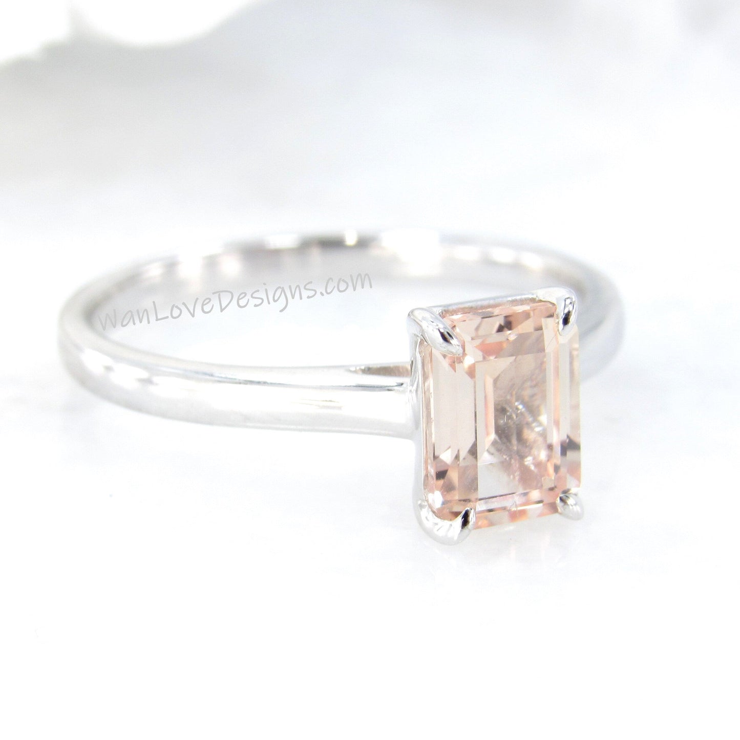Peach Champagne Sapphire Emerald cut Solitaire Engagement Ring 1ct 7x5mm White Gold Wedding promise ring Anniversary Gift, Ready to Ship Wan Love Designs