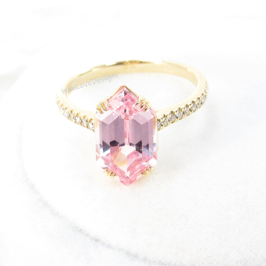 Peach Sapphire Hexagon Engagement Ring, Triple 3 fishtail prongs, 5ct 12x7mm-Custom-Wedding-14k 18k Rose White Yellow Gold, Anniversary Gift Wan Love Designs