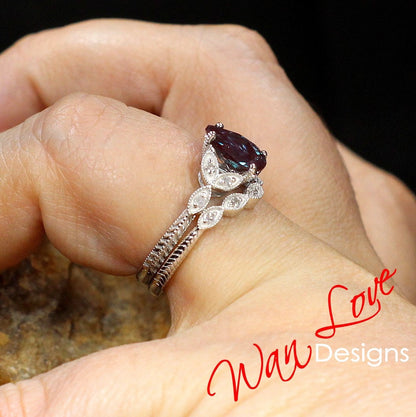 Pear Alexandrite engagement ring set rose gold Diamond ring Unique vintage leaf milgrain Curved Wedding band ring Bridal Anniversary gift Wan Love Designs