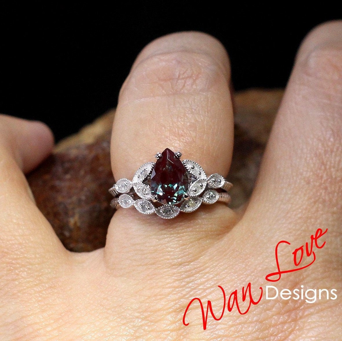 Pear Alexandrite engagement ring set rose gold Diamond ring Unique vintage leaf milgrain Curved Wedding band ring Bridal Anniversary gift Wan Love Designs