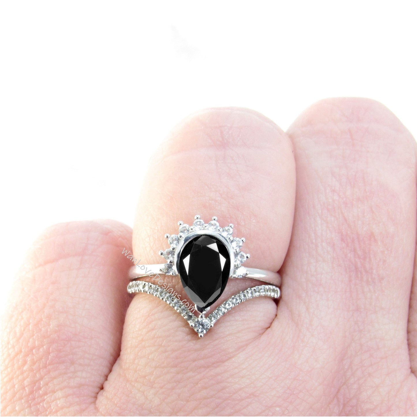 Pear Black Spinel Diamond Crown Half Halo Engagement Ring Set V Curved Wedding Band Semi Bezel, 14k 18k White Yellow Rose Gold,Custom Wan Love Designs