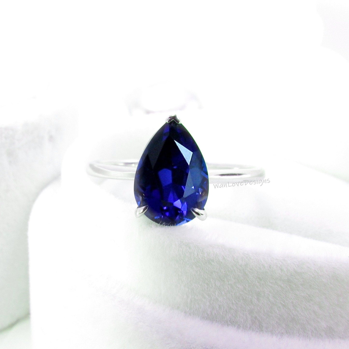 Pear Blue Sapphire Engagement Ring Antique White Gold Side Halo Diamond dainty Ring Art Deco Wedding Bridal Ring Anniversary Promise Ring Wan Love Designs