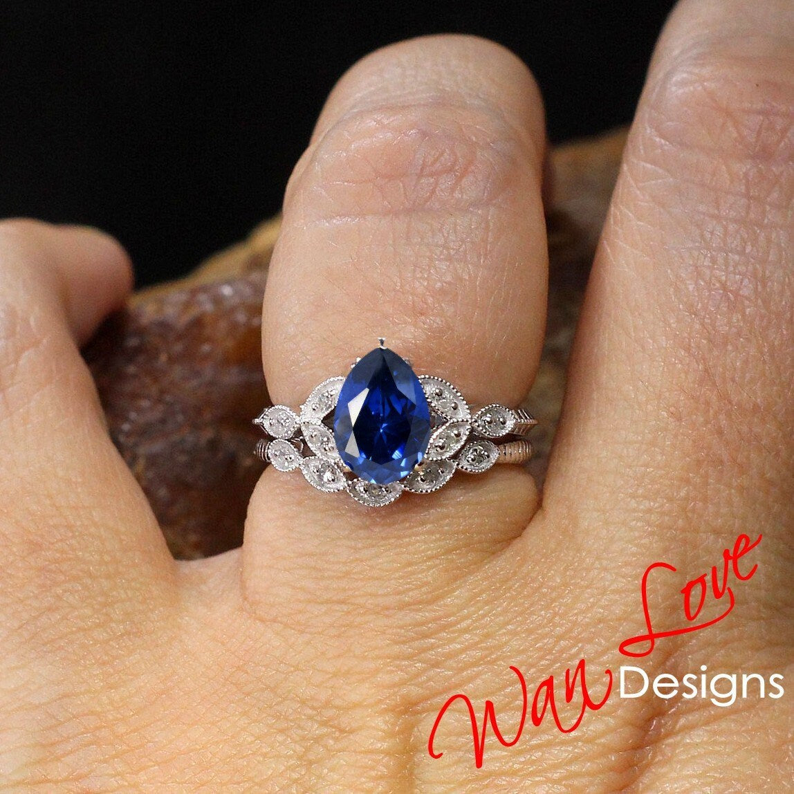 Pear Blue Sapphire engagement ring set rose gold Diamond ring Unique vintage leaf milgrain Curved Wedding band ring Bridal Anniversary gift Wan Love Designs