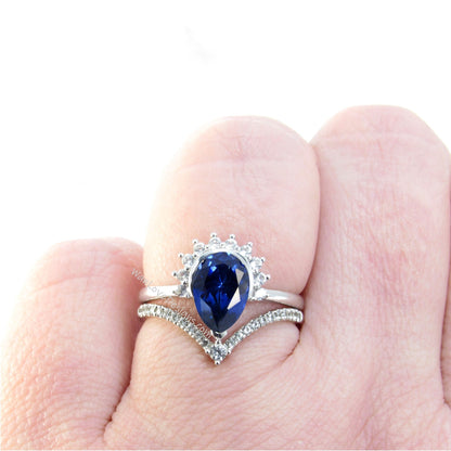 Pear Blue Sapphire engagement ring set vintage Crown semi bezel halo white gold engagement ring women Chevron v Diamond wedding Bridal gift Wan Love Designs