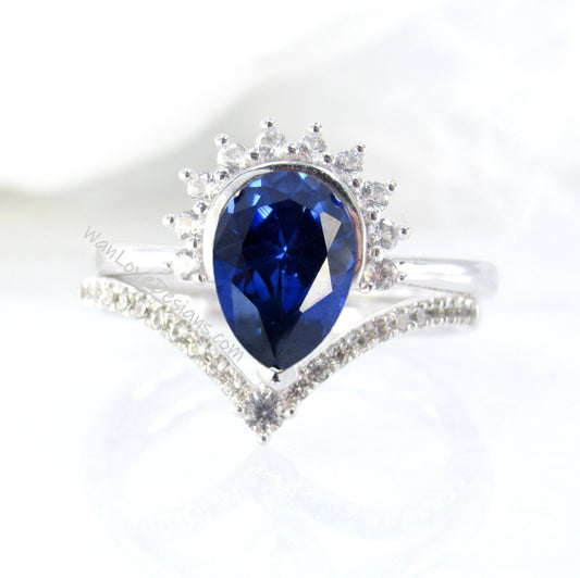 Pear Blue Sapphire engagement ring set vintage Crown semi bezel halo white gold engagement ring women Chevron v Diamond wedding Bridal gift Wan Love Designs