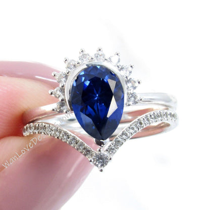 Pear Blue Sapphire engagement ring set vintage Crown semi bezel halo white gold engagement ring women Chevron v Diamond wedding Bridal gift Wan Love Designs