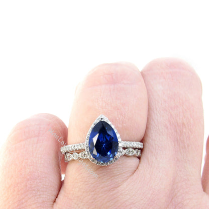 Pear Blue Sapphire engagement ring set vintage halo rose gold engagement ring women Leaf Milgrain Half Eternity Diamond wedding Bridal gift Wan Love Designs