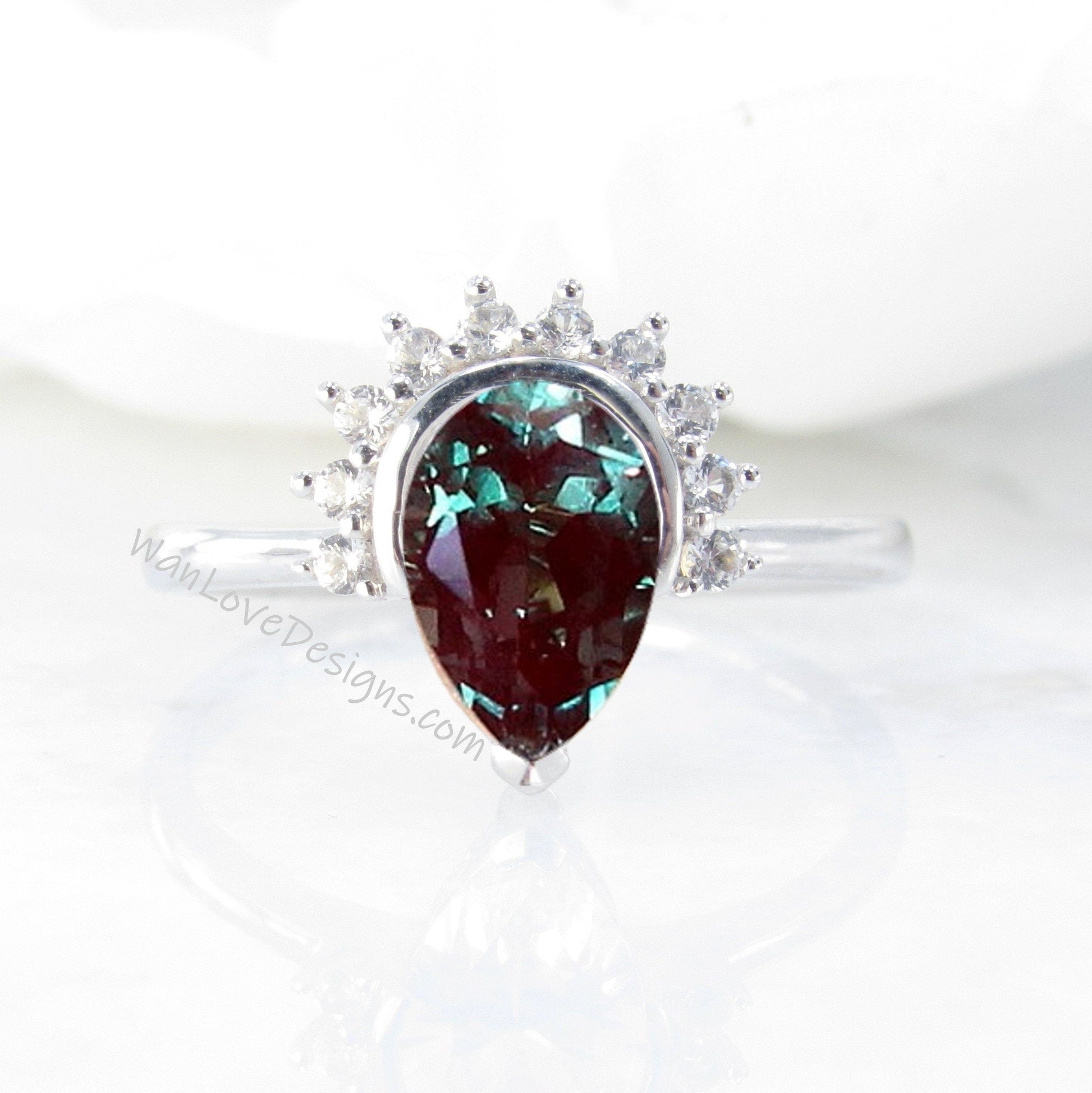 Pear Cut Alexandrite Ring, Semi Bezel Ring, Half Halo Diamonds ring, Alexandrite Engagement Ring, Alexandrite Halo Ring, June Birthstone Wan Love Designs