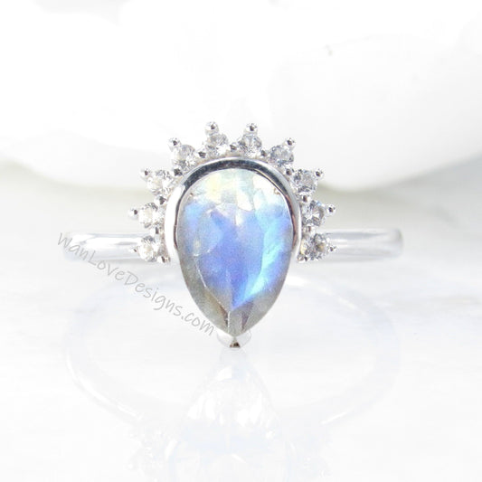 Pear Cut Moonstone Ring, Semi Bezel Ring, Half Halo Diamonds ring, Moonstone Engagement Ring, Moonstone Halo Ring, Rainbow Ring Wan Love Designs