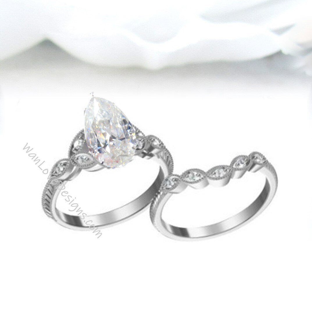 Pear Diamond engagement ring set gold IGI HPHT CVD Diamond ring Unique vintage leaf milgrain Curve Wedding band ring Bridal Anniversary gift Wan Love Designs