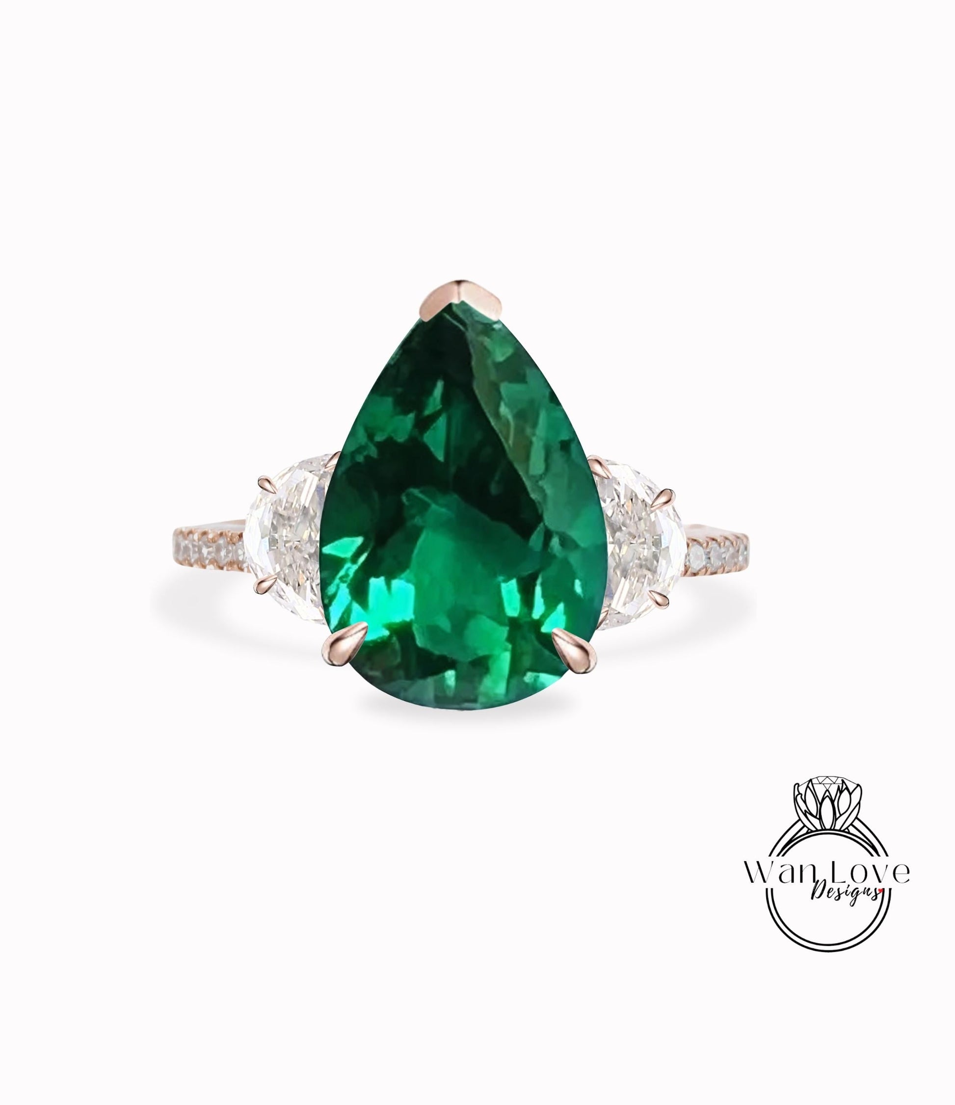 Pear Emerald Diamonds & Moissanite Engagement Ring Half Moon 3 Gem Stone 14k 18k White Yellow Rose Gold, Platinum, Custom Wan Love Designs