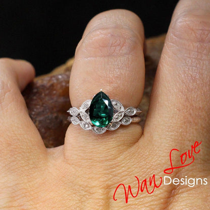 Pear Emerald engagement ring set rose gold Diamond ring Unique vintage leaf milgrain Curved Wedding band ring Bridal Anniversary gift Wan Love Designs