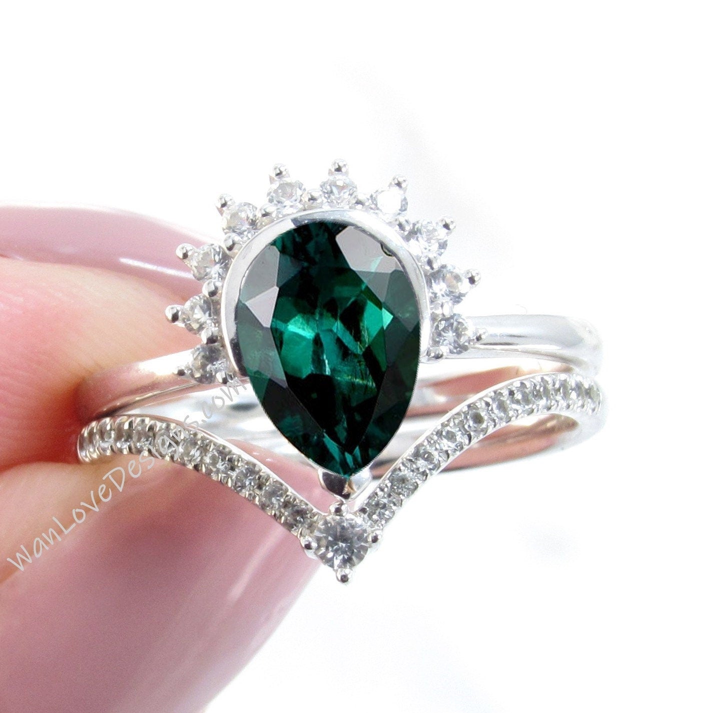 Pear Emerald engagement ring set vintage Crown semi bezel halo white gold engagement ring women Chevron v Diamond wedding Bridal gift Wan Love Designs