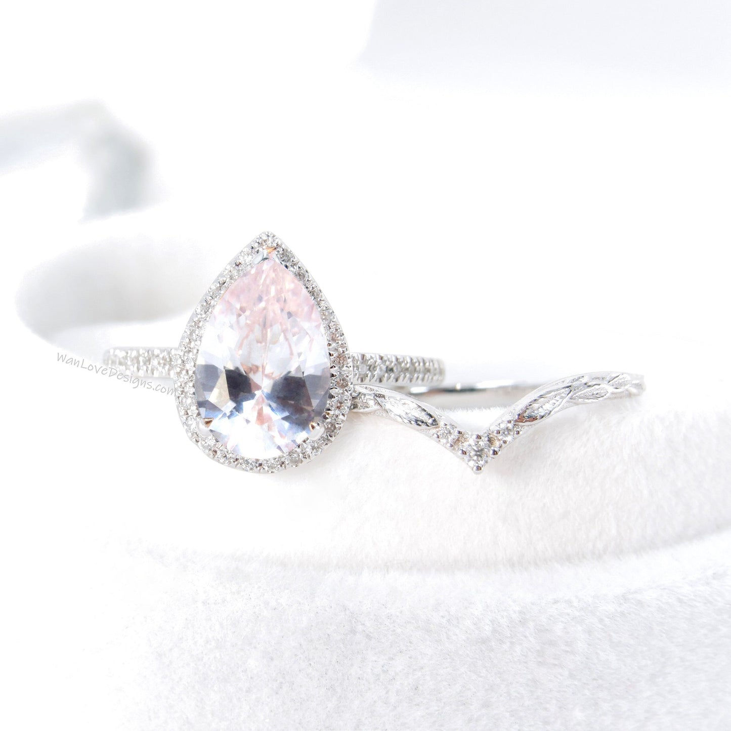 Pear Light Pink Sapphire Diamond Halo and Curve Band Engagement Ring Set | 14K Gold Nesting Band | Leaves Bridal Ring | Nature Inspired Ring Wan Love Designs
