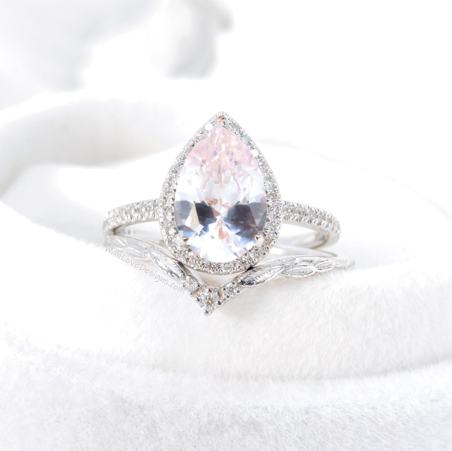 Pear Light Pink Sapphire Diamond Halo and Curve Band Engagement Ring Set | 14K Gold Nesting Band | Leaves Bridal Ring | Nature Inspired Ring Wan Love Designs