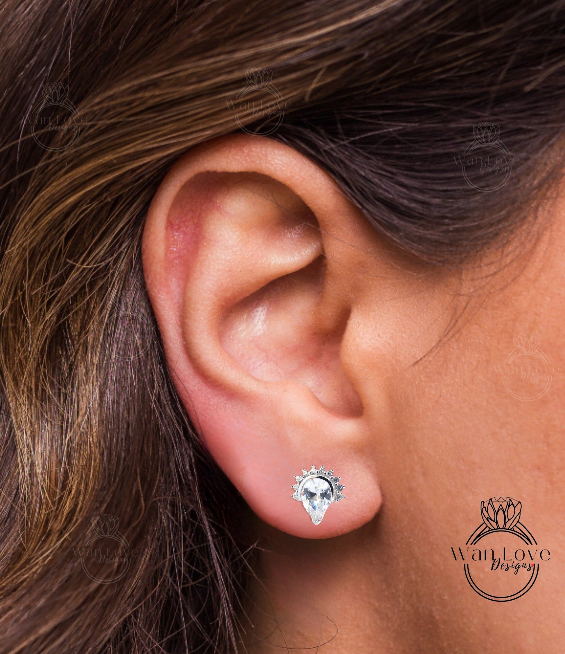 Pear Moissanite Stud Earrings, Teardrop Diamond Halo Moissanite, Half Bezel Halo Stud Earrings, Birthstone Earrings, Moissanite Earring Stud Wan Love Designs