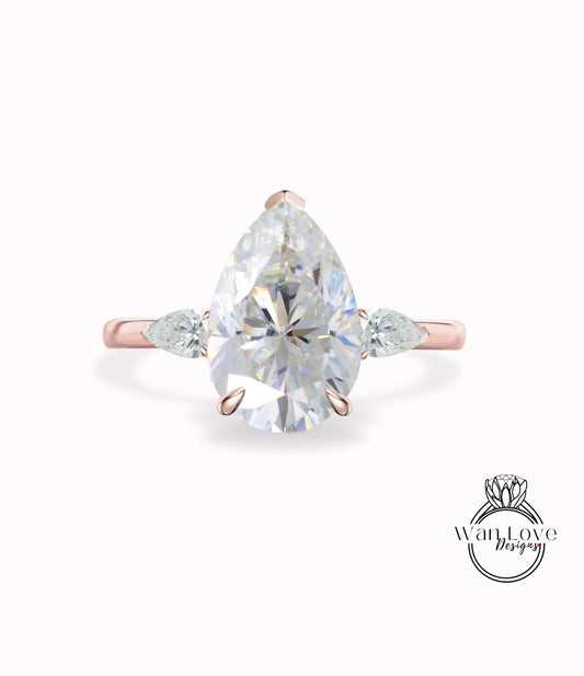 Pear Moissanite diamond engagement ring Art deco white gold Vintage moissanite 3 three gemstone ring Unique art deco Bridal Anniversary ring Wan Love Designs