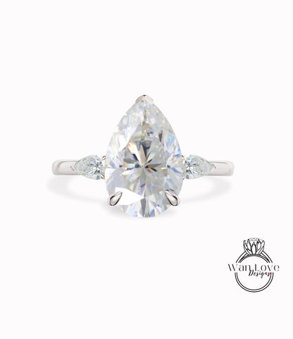 Pear Moissanite diamond engagement ring Art deco white gold Vintage moissanite 3 three gemstone ring Unique art deco Bridal Anniversary ring Wan Love Designs