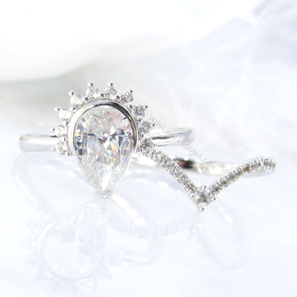 Pear Moissanite engagement ring set vintage Crown semi bezel halo white gold engagement ring women Chevron v Diamond wedding Bridal gift Wan Love Designs