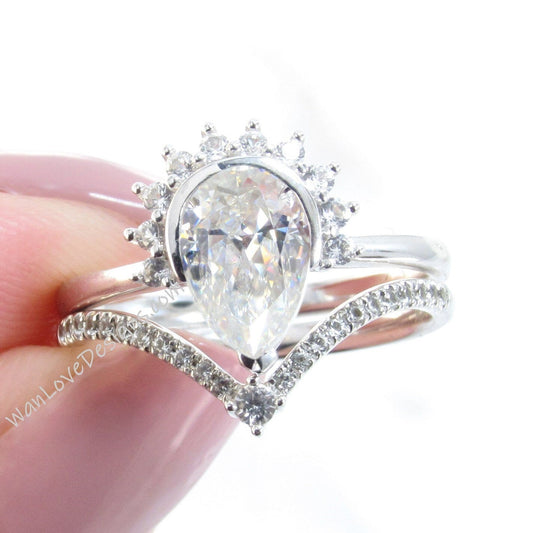 Pear Moissanite engagement ring set vintage Crown semi bezel halo white gold engagement ring women Chevron v Diamond wedding Bridal gift Wan Love Designs