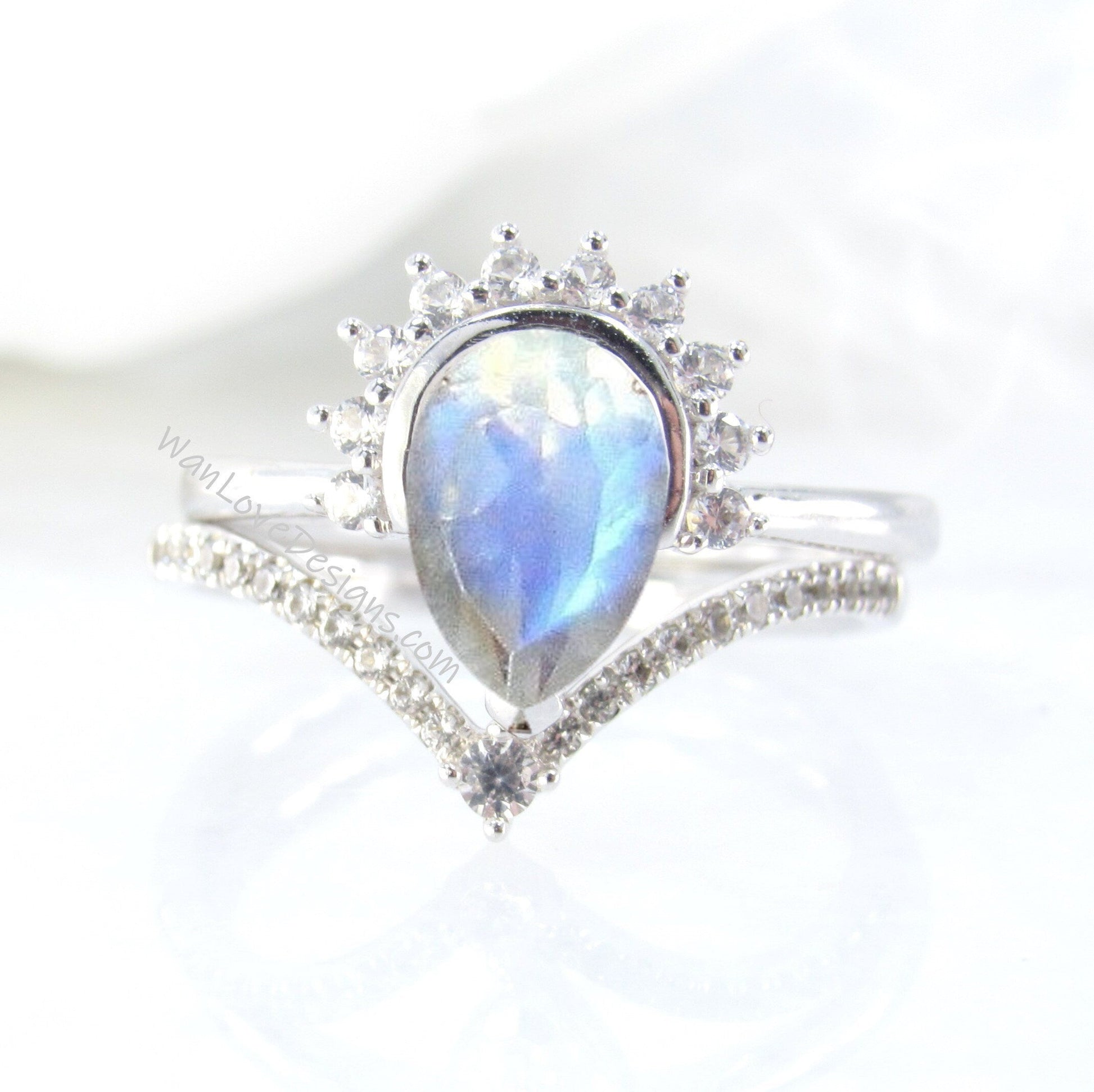 Pear Moonstone engagement ring set vintage Crown semi bezel halo white gold engagement ring women Chevron v Diamond wedding Bridal gift Wan Love Designs