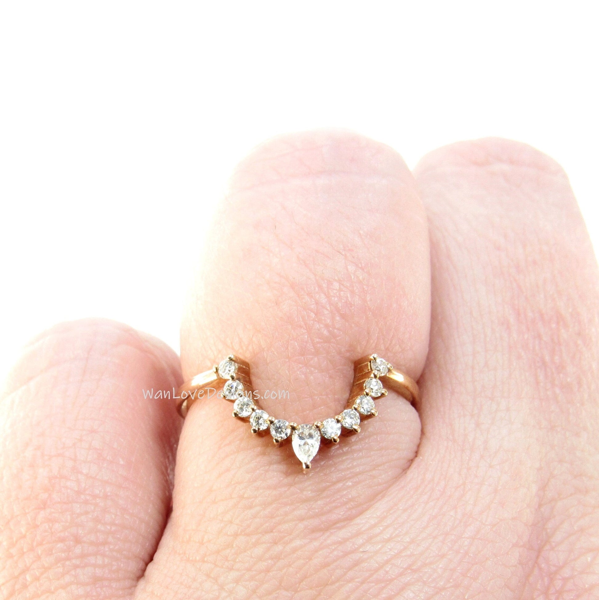 Pear Round Tiara Wedding Ring, Moissanite Pear Wedding Band, 18k Rose Gold Wedding Ring, U Curved Matching Ring, Rose Gold Anniversary Ring Wan Love Designs