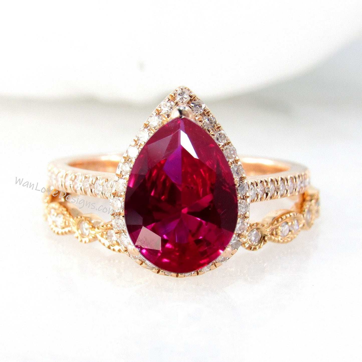 Pear Ruby engagement ring set vintage halo rose gold engagement ring women Leaf Milgrain Half Eternity Diamond wedding Bridal gift Wan Love Designs