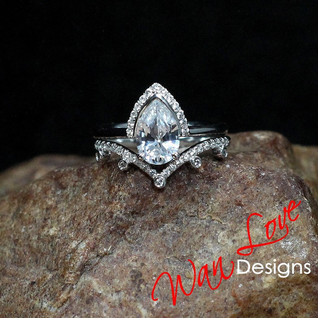 Pear White Sapphire Crown Semi Bezel Half Halo Engagement Ring V Wedding Band Set 1.5ct Vintage White Gold Bridal Ring set-Ready to Ship Wan Love Designs