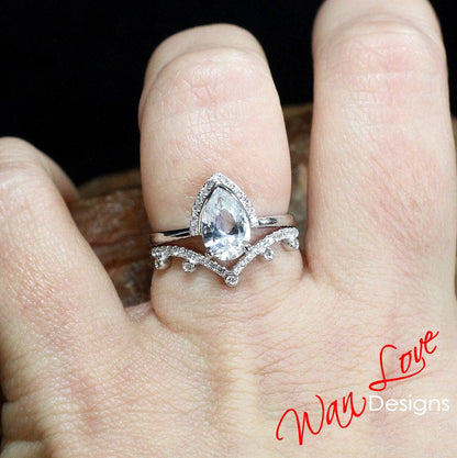 Pear White Sapphire Crown Semi Bezel Half Halo Engagement Ring V Wedding Band Set 1.5ct Vintage White Gold Bridal Ring set-Ready to Ship Wan Love Designs