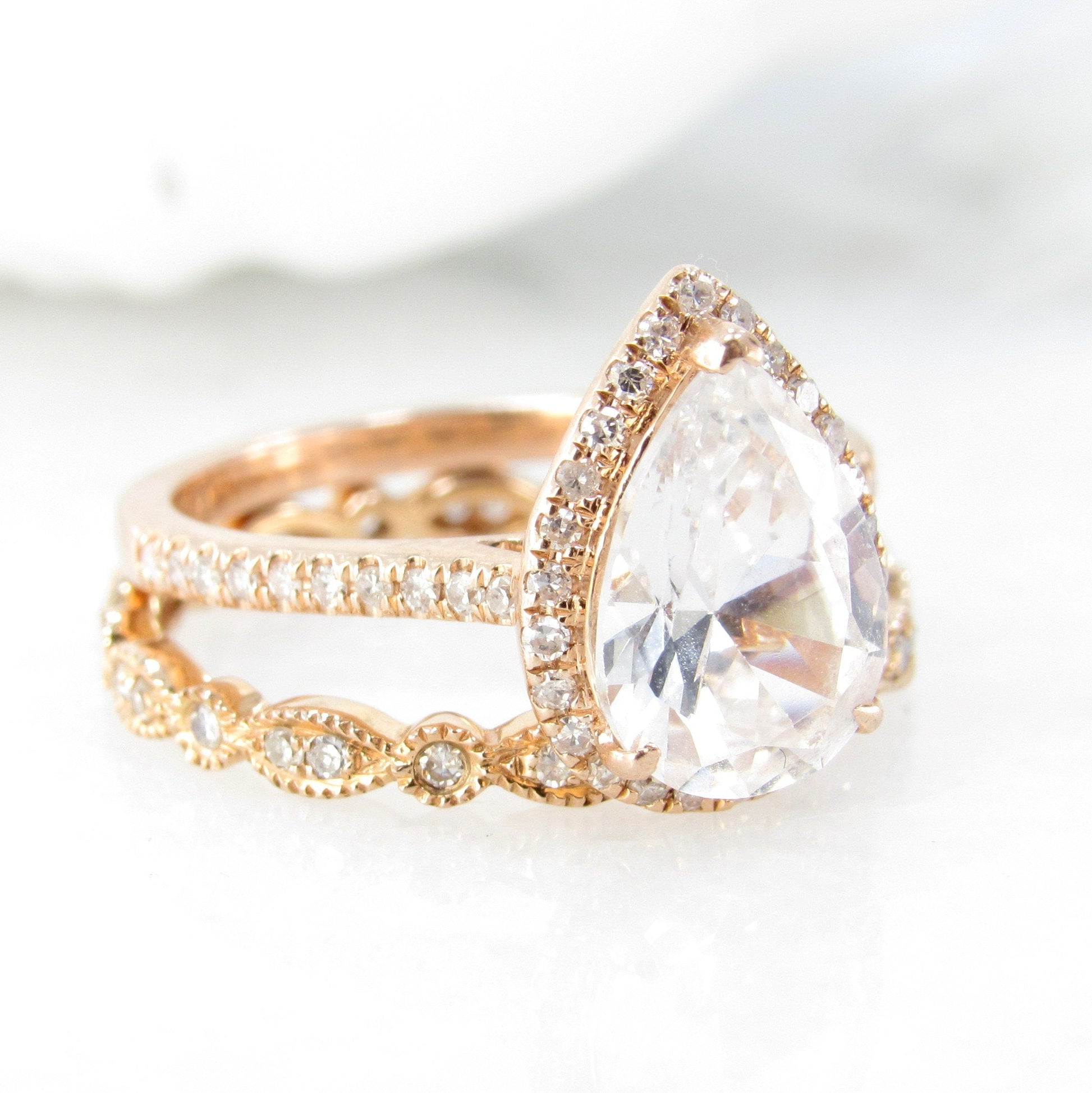 Pear White Sapphire engagement ring set vintage halo rose gold engagement ring women Leaf Milgrain Half Eternity Diamond wedding Bridal gift Wan Love Designs