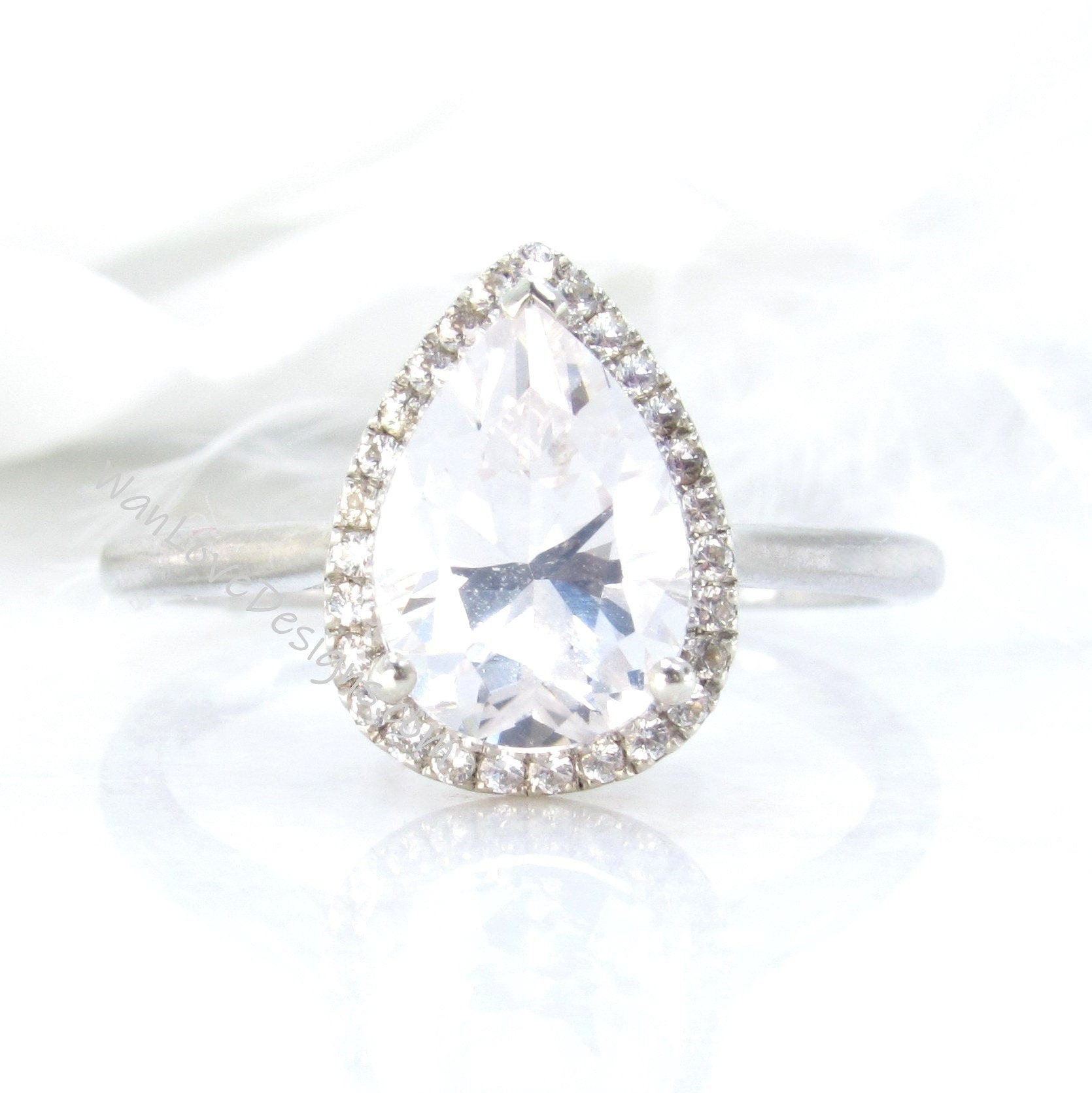 Pear cut Halo White Sapphire Engagement Ring dainty pear sapphire ring 2ct pear sapphire cathedral ring bridal promise wedding ring for her Wan Love Designs