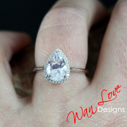 Pear cut Halo White Sapphire Engagement Ring dainty pear sapphire ring 2ct pear sapphire cathedral ring bridal promise wedding ring for her Wan Love Designs