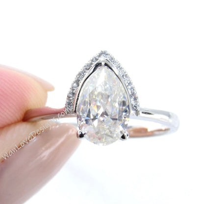 Pear cut Moissanite diamond engagement ring art deco half halo bezel moissanite engagement ring white gold wedding Bridal gift for women Wan Love Designs