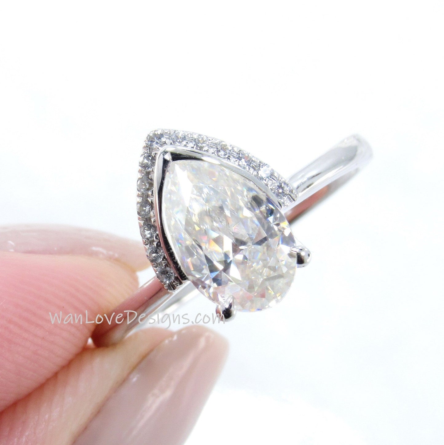 Pear cut Moissanite diamond engagement ring art deco half halo bezel moissanite engagement ring white gold wedding Bridal gift for women Wan Love Designs