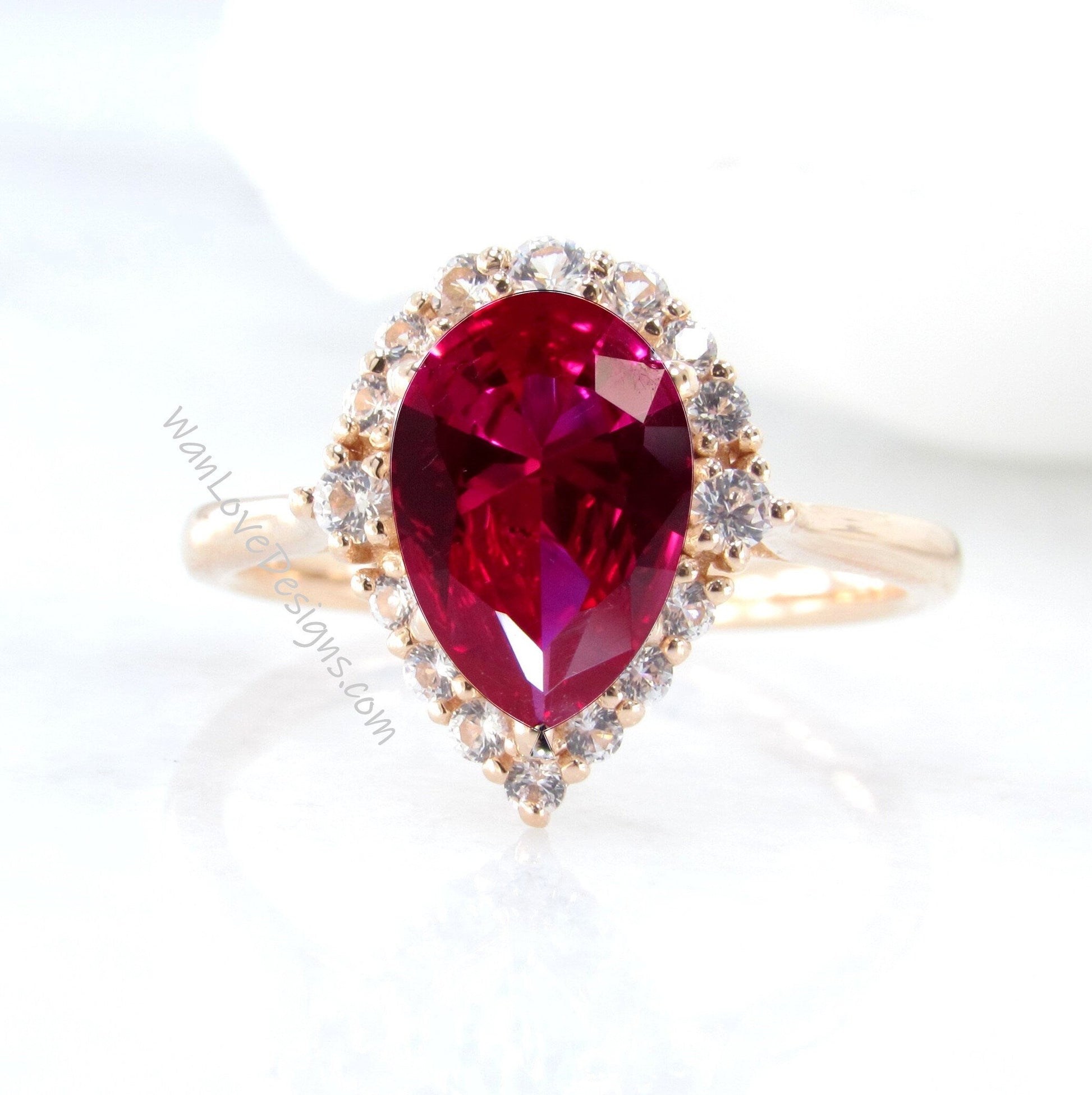 Pear cut Ruby engagement ring rose gold vintage tapered diamond graduated halo bridal ring antique wedding promise anniversary ring Wan Love Designs