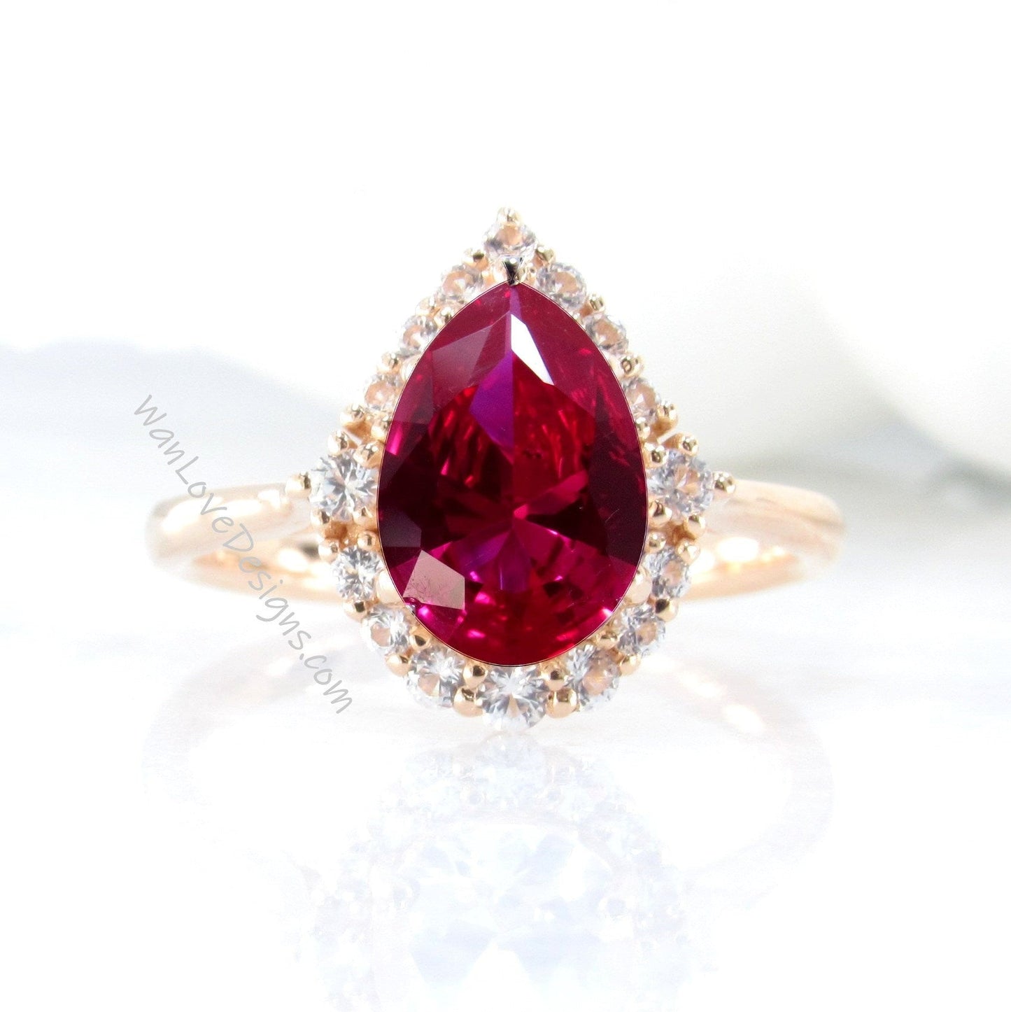 Pear cut Ruby engagement ring rose gold vintage tapered diamond graduated halo bridal ring antique wedding promise anniversary ring Wan Love Designs