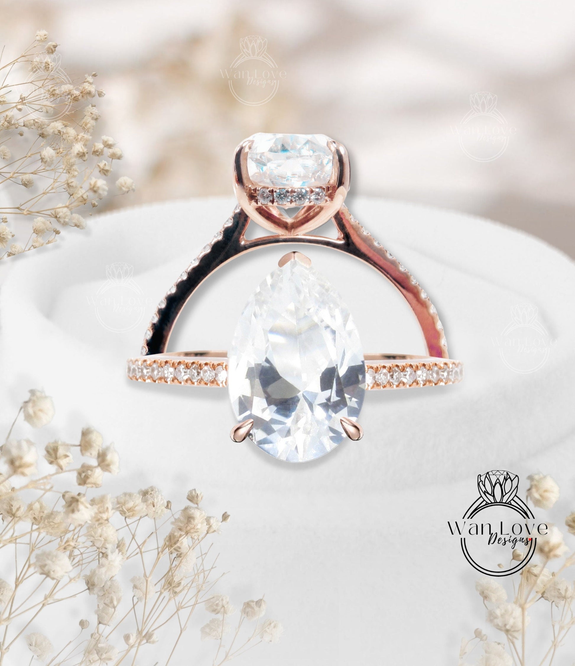 Pear cut White Sapphire engagement ring Moissanite prong ring rose gold half eternity micropave diamond halo ring art deco ring promise Wan Love Designs