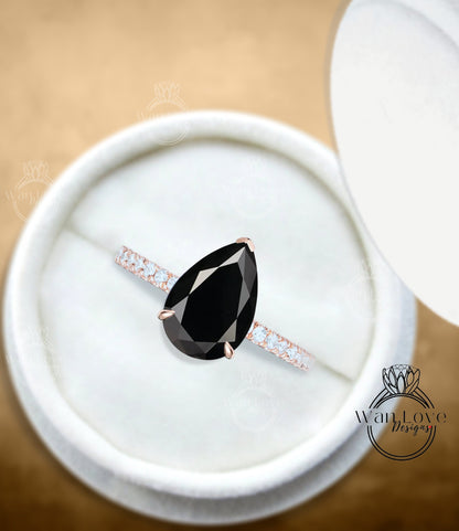 Pear cut black spinel diamond engagement ring Vintage Moissanite solitaire Bridal ring Antique diamond wedding ring Promise Anniversary gift Wan Love Designs