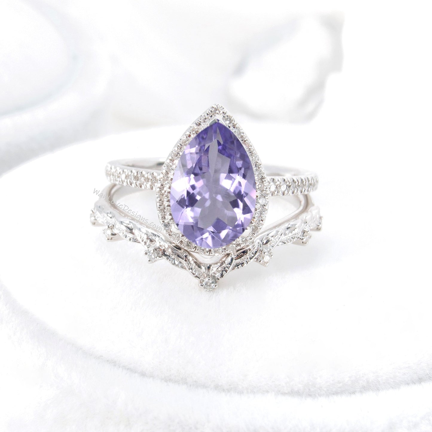 Pear halo amethyst and diamond ring set, engagement ring and 7 gem wedding band, amethyst ring, diamond wedding ring, leaf engagement ring Wan Love Designs