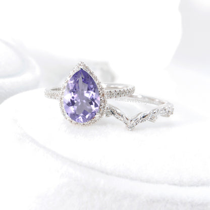 Pear halo amethyst and diamond ring set, engagement ring and 7 gem wedding band, amethyst ring, diamond wedding ring, leaf engagement ring Wan Love Designs